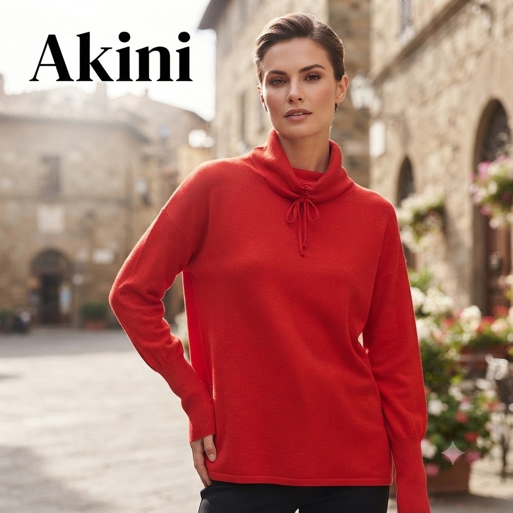 Akini Womens XL Red Cowl Neck Drawstring Tulip Back Long Sleeve Knit Sweater